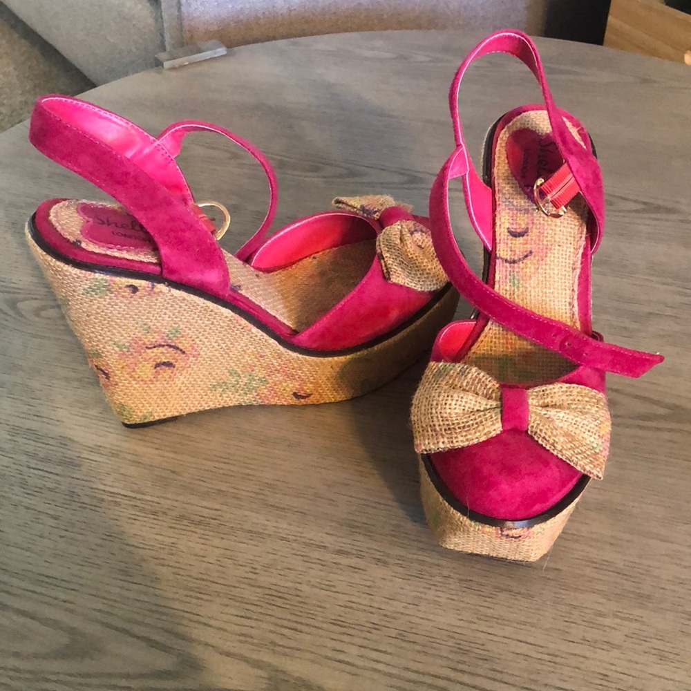 Shellys London Hot Pink Suede Wedge Sandals with Burlap Bow
